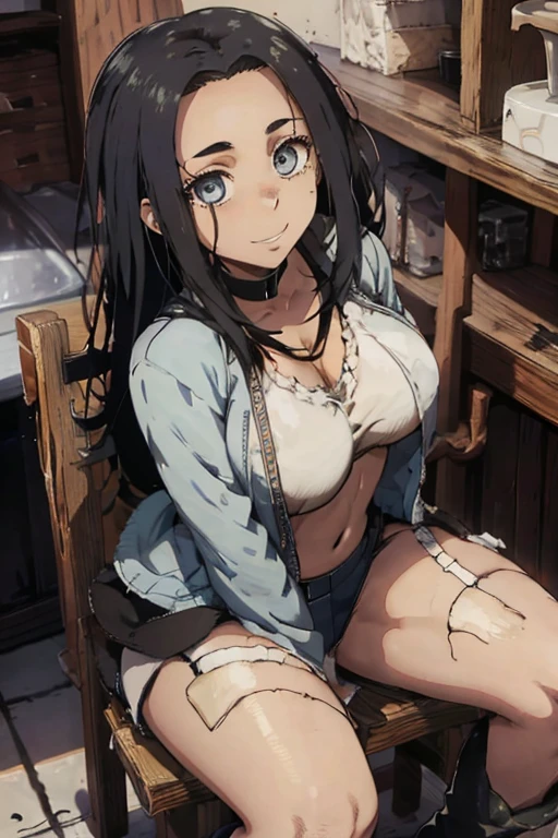 1 female, afro hair, black afro hair black girl afro hair, darker skin, brown skin, huge breast, thick legs, light blue eyes, cowgirl clothes, short short, cowgirl bra, brown jacket, black boots, farm house, sitting down, in the chair, thick ass, happy face