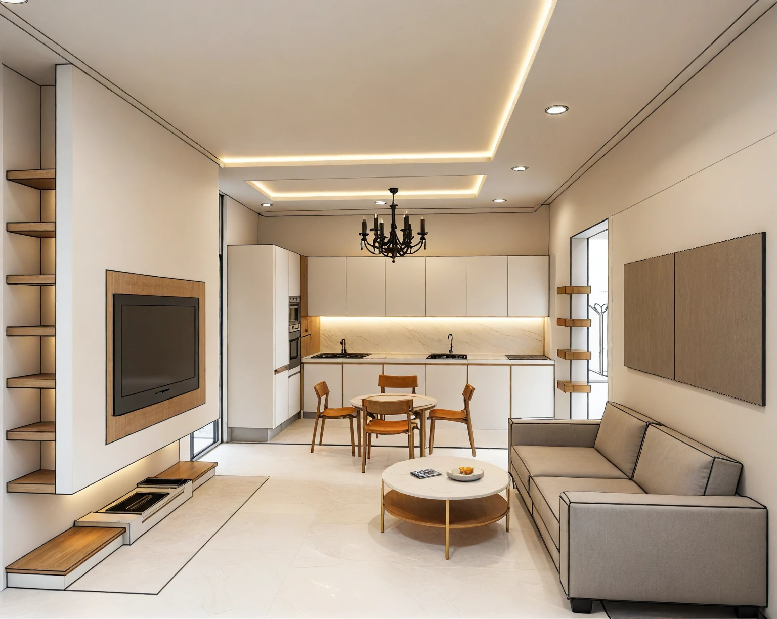 ((masterpiece,best quality,highres,sharp forcus)) (((detail forcus))) , ( living room and  dining :1.3 ), modern style, daylight, ((WHITE wall : 1.3 )) plaster ceiling, bright, oak , daylight , NEUTARAL tone , bright color, pendant light, marble tile floor, PENDANT LIGHT, 