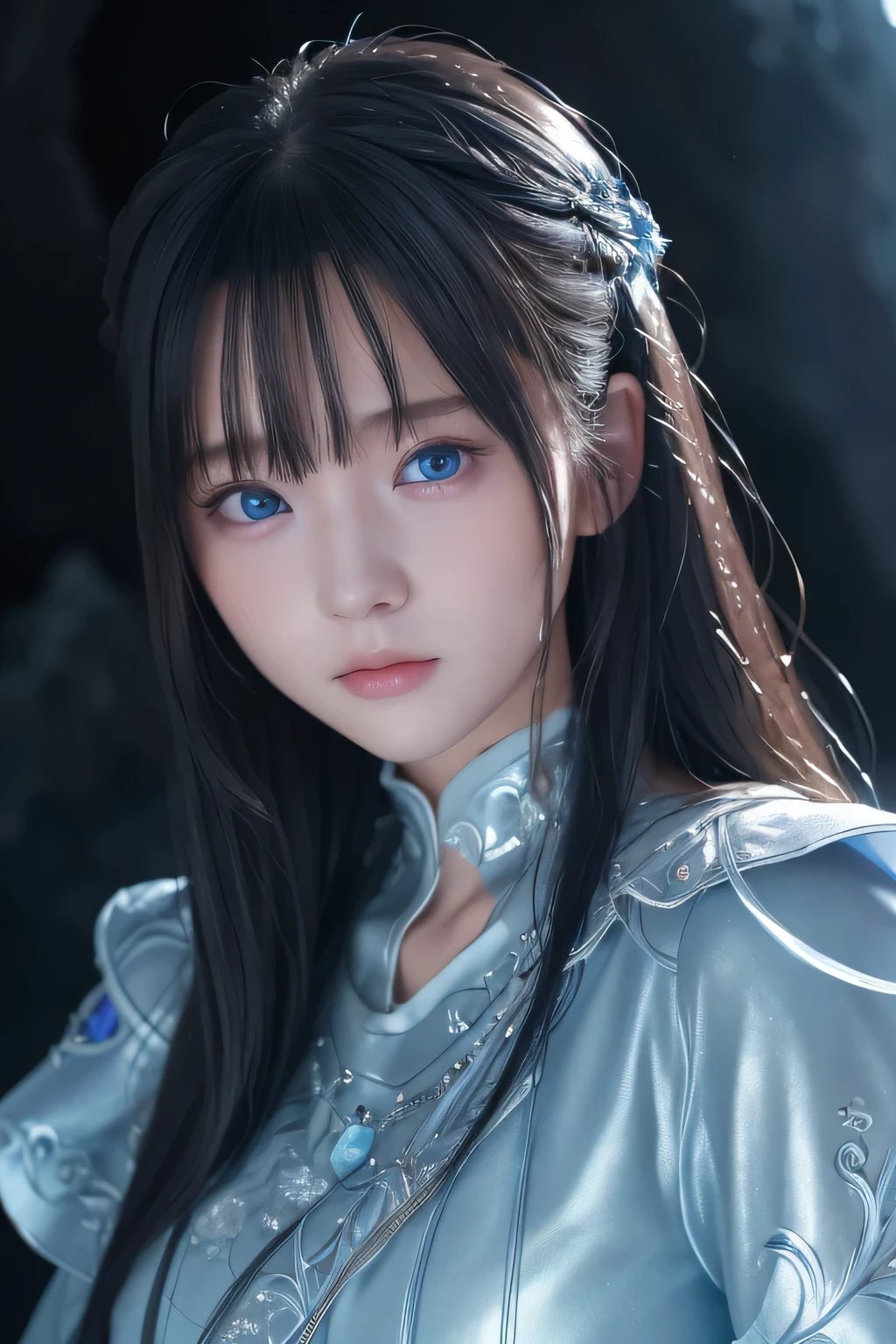 (8k、masterpiece、Best Quality、High resolution、Super Resolution、Very detailed、best quality、ultra detailed)、(detailed skin、detailed face)、 (Upper shot close-up)、solo、、Dark cave background、Watery blue eyes that glow in the dark、Beautiful girl with a cold face、Holding a sword that emits blue light