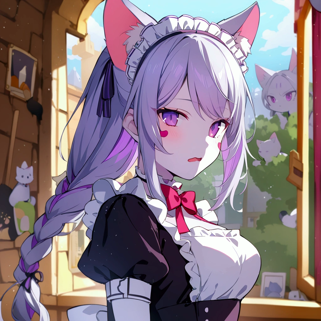 I want to create a series of stickers for WhatsApp and Telegram where the character has white skin, purple eyes, silver long hair, cat ears,ribbon, and a maid outfit.character sheet、