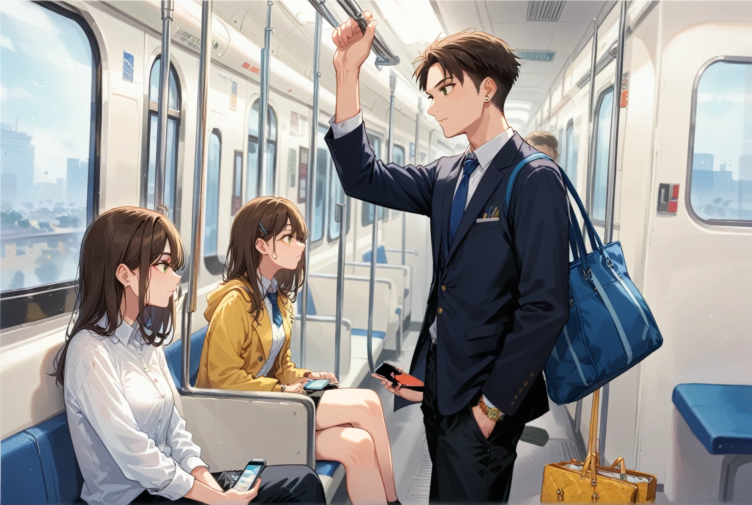 a woman in a white shirt and black pants is sitting on a blue seat on a train. She is wearing a white button-down shirt, black pants, a blue tie, and a gold watch on her wrist. Her left hand is raised in the air, while her right hand is holding a blue duffle bag. The woman in the yellow jacket is looking at her phone, while the woman on the left is looking off to her right. A yellow handbag is hanging from the ceiling, adding a pop of color to the scene.