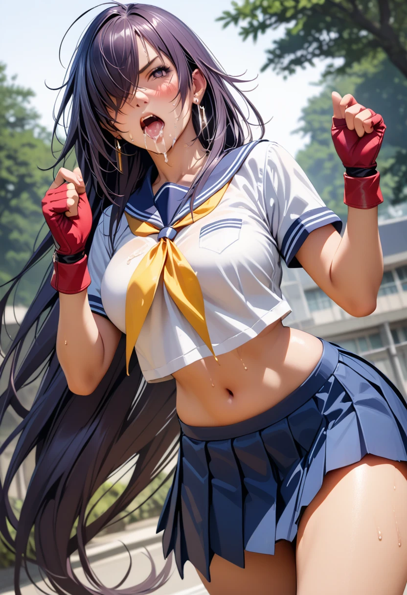 kanu,dark purple hair, hair over one eye, very long hair,school uniform,ultra miniskirt,red fingerless gloves, midriff,navel, loose socks, pleated skirt, yellow neckerchief, earrings, loafers,large breasts,perfect hands, perfect finger,perfect anatomy, masterpiece, best quality,realistic, hyperrealistic, 16k hdr,1 mature female,outdoor,high school,close up upper body,(red blush,serious,open mouth),sweat,(cum on face and hair:1.2),cum on uniform,(cum on mouth:1.2),(erected nipples:0.7)