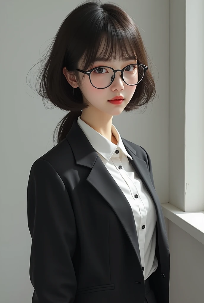 KR-PNY, Ridiculously long ponytail, Parted bangs, 1girll, , dark grey open jacket, dark grey blazer, Pleated skirt, plaid skirts, circle-glasses, Reading a book, Shy and quiet girl, Look into the distance, very detail hair, intricate detailes, masutepiece, Best Quality, Upper body, Realistic, pussy