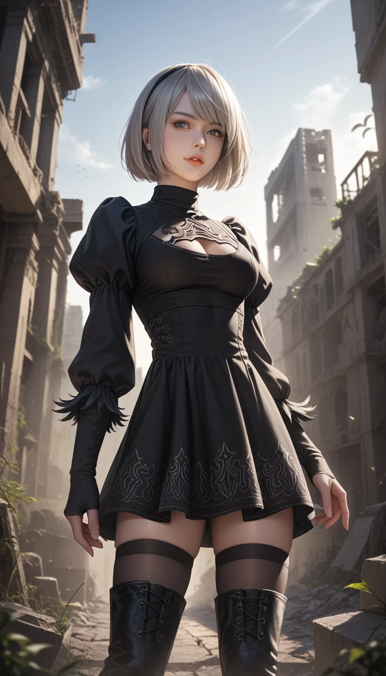 score_9, score_8_up, score_7_up, 32k,masterpiece, highest quality, 
photo realistic, vibrant colors, chiaroscuro lighting, cinematic lighting,
1 woman, inspired nier automata 2B,
bob cut, gray hair, bangs, mole under mouth, 
black 2B dress, cleavage cutout, skirt, thighhighs under boots,
ruins, a ruined world, devastated cities, 
picturesque, beautiful scenery, fantastic night sky,
seductive pose, dramatic angle,