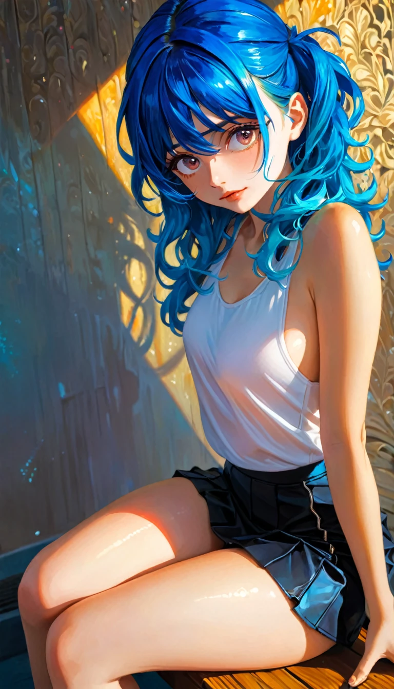 headphones,cap,sitting a bench,training wear,(ultra detailed perfect piece:1.2), magic, fantasy, illustration,miniskirt, masterpiece, (extremely detailed CG 8k), (very fine 8K CG),(1girl:1.2), (blue hair), middle hair, wavy hair, hair over one eye, sparkling,eroticism, sexy, emotional impact,(best quality, 4k, 8k, high resolution, masterpiece: 1.2), ultra-detailed, (realistic, photorealistic, photorealistic: 1.37), details intricate, vivid colors, sharp focus, professional, surrealism oil touch, oil painting style, portrait, woman, beautiful detailed eyes, beautiful detailed lips, dreamy atmosphere, shadow play, lighting soft, fun pose, dark tones, ethereal background, fantasy elements, texture, layered composition. 
