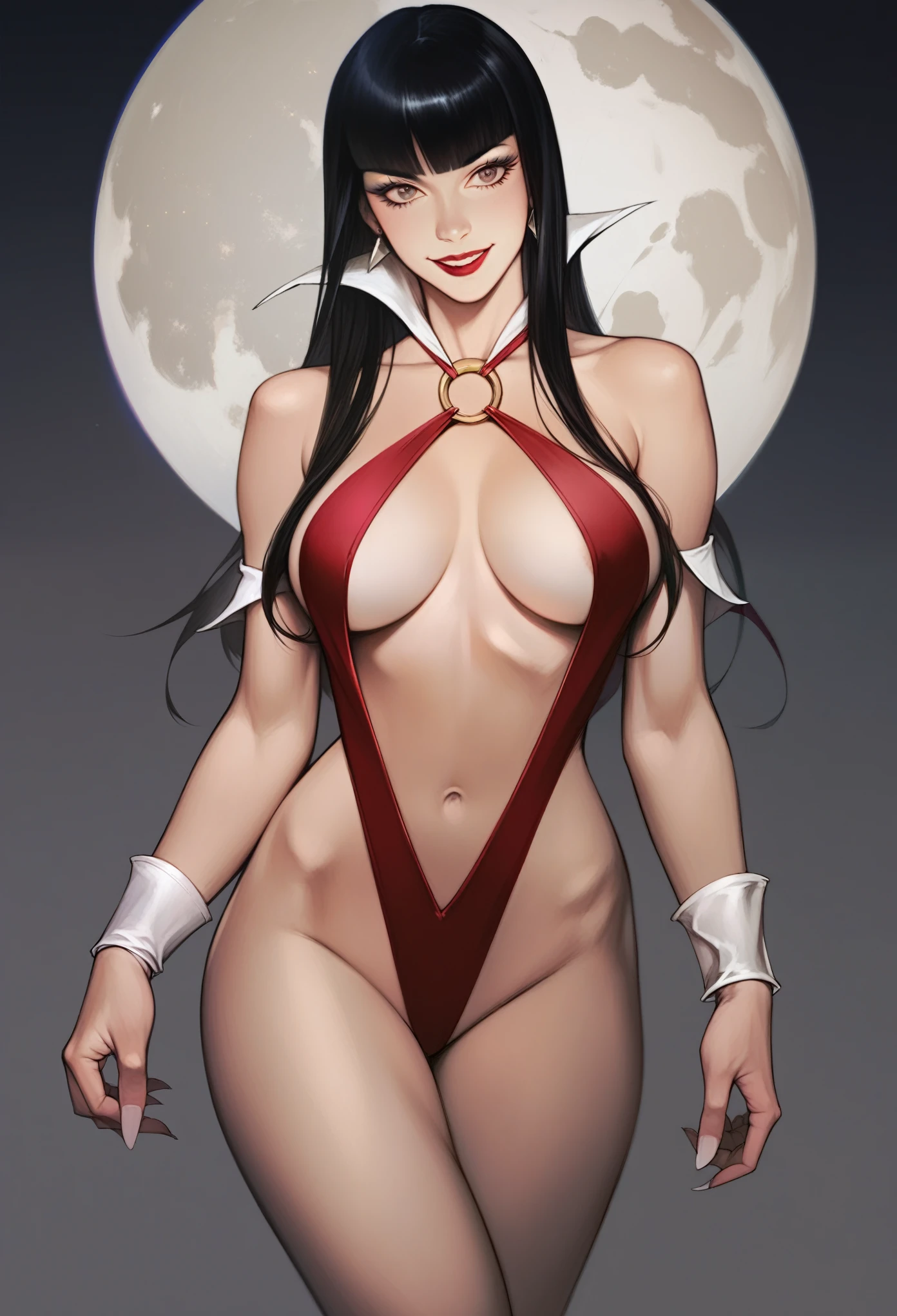 source_anime, score_9, score_8_up, score_7_up, score_6_up, Vampirella, dark shadows, revealing attire, intricate designs, sly smile, alluring charm, high resolution, high quality, super detailed, sharp focus, ultra realistic, perfect lighting, perfect colors, perfect perspective, balanced composition, award-winning photographer, photo-realistic, ultra realistic