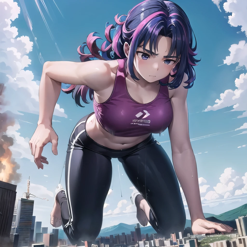 giantess, 1 rapariga, push ups, put your hands on the ground,On all fours,Exercising,character standing on a mountain top next to a city, Super huge high school girl bigger than a city, Pleasure, Trying to crush a miniature metropolis, ((destroyed city)), Wearing pink sportswear that shows off her cleavage, Wear black yoga pants underneath, stomach, navel, Long legs, Tightens abs, No chest leakage, crash city, tiny city, micro city, skinny pants, gym room, big assa, city, Sweat, Falling sweat, giga giantess, huge craters, ravines, cracks in the ground, earthquak, null, blue sky, City, radynagan,hugebreast, Background on the street, (((The Girl Who Crushes the City))), first-person view, first-person view, anime, best quality, masterpiece, highres