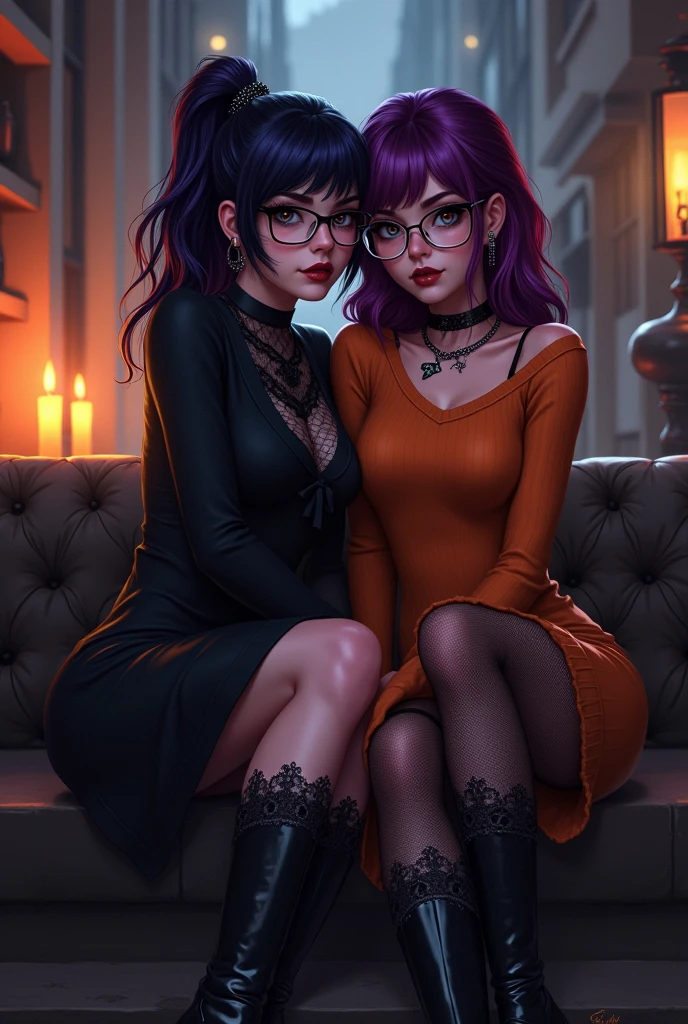 2 beautiful girls on couch, 1 sister with long black hair in formal attire, expressionless, 1 sister with pink hair in casual outfit, alluring expression, (best quality, 8k, highres, masterpiece:1.2), (ultra-detailed, photorealistic:1.37), dramatic lighting, warm color tones, elegant decorative interior, intricate textures, dramatic atmosphere, cinematic composition