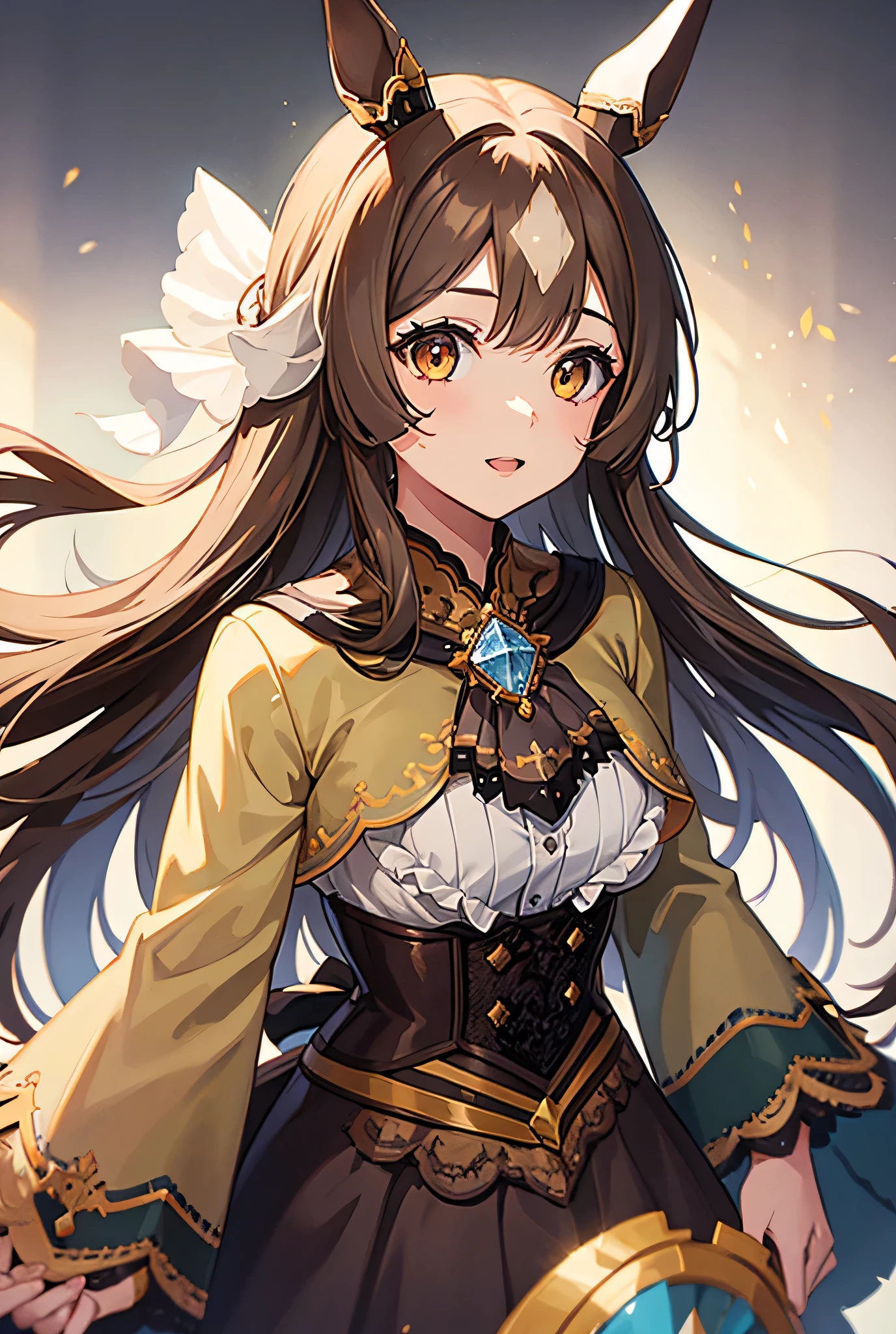 One girl, Alone, Long Hair, chest, Open your mouth, smile, Brown Hair, Simple Background, ribbon, Animal ears, High resolution, masterpiece, high quality, Textured skin, High detail, Big chest, Horse ears, Character portrait, anime, 非常にBig chest, Perfect hands,  Look at, Brown Hair, Character portrait, 