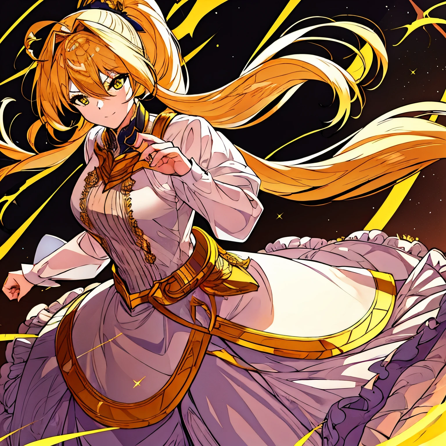 High resolution, 4k ultra sharp, 1 male, golden hair, ponytail, yellow eyes, princess dress, circlet