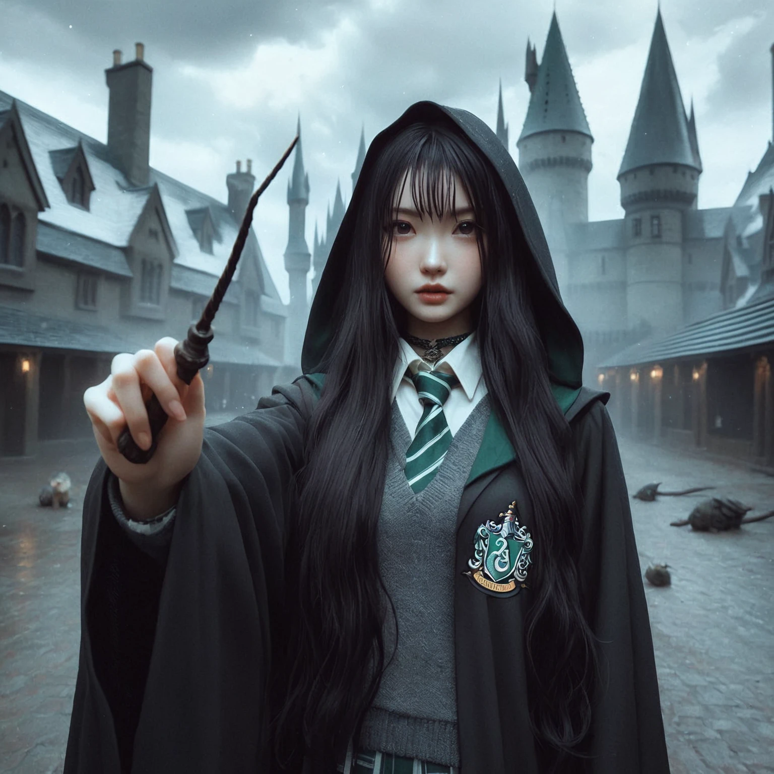 japanese girl holding a wand in front of a castle, slytherin hogwarts uniform hogwarts uniform, artwork in the style of guweiz, holding wands, holding a wand, ross tran 8 k, guweiz, guweiz masterpiece, realistic cosplay, holding wand, realistic anime 3 d style, hogwarts style, harry potter in cyberpunk, realistic fantasy photography, hyperrealistic fantasy art, harry potter style, castle dark scenario, hogwarts scenario