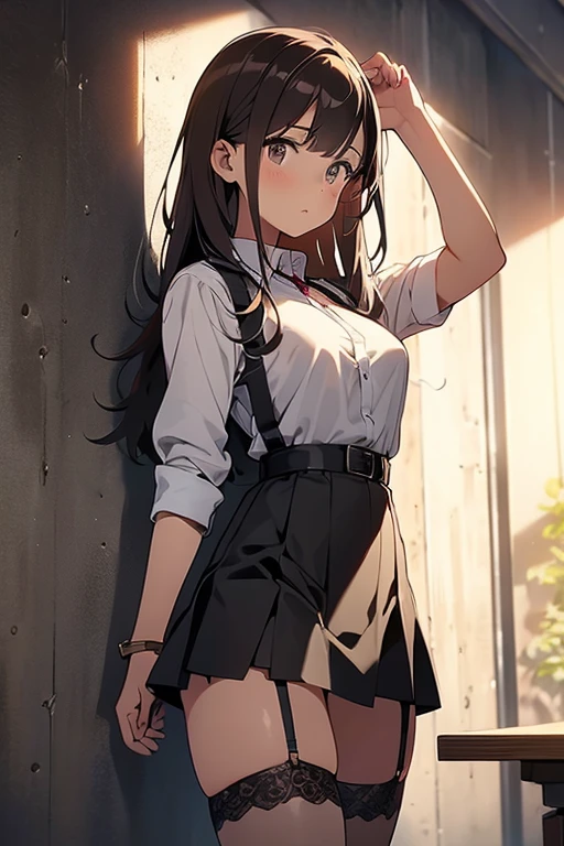 Brown Hair、Black suspenders、Large swollen breasts、Garter belt、Small Face、Beautiful woman、Provoke　side　side汗 　arm　Dress shirt　Black Suit　Belt against the wall　Raise your hand　Hands above head　mini skirt、Pink lace panties