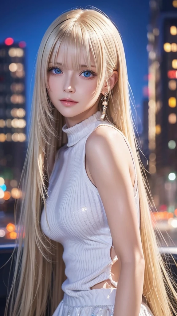 Platinum Blonde Silky Hair、masterpiece、Best Quality、High resolution、Highly detailed photos、Professional Lighting、(((Tops)))、Bangs between the eyes、Hair above the eyes、片Hair above the eyes、Mid-face hair、Strike a Pose、Portraiture、Bright expression、like々White, radiant skin、Great looks、Blonde reflection、Platinum blonde hair with dazzling highlights、Bright and shiny hair,、Long Straight Hair、Beautiful sparkling bangs、Sparkling、Clear、Attractive big blue eyes、so beautiful, Lovely and cute girl、Bust of a Rich Man、(Black tight knitwear),Night cityscape