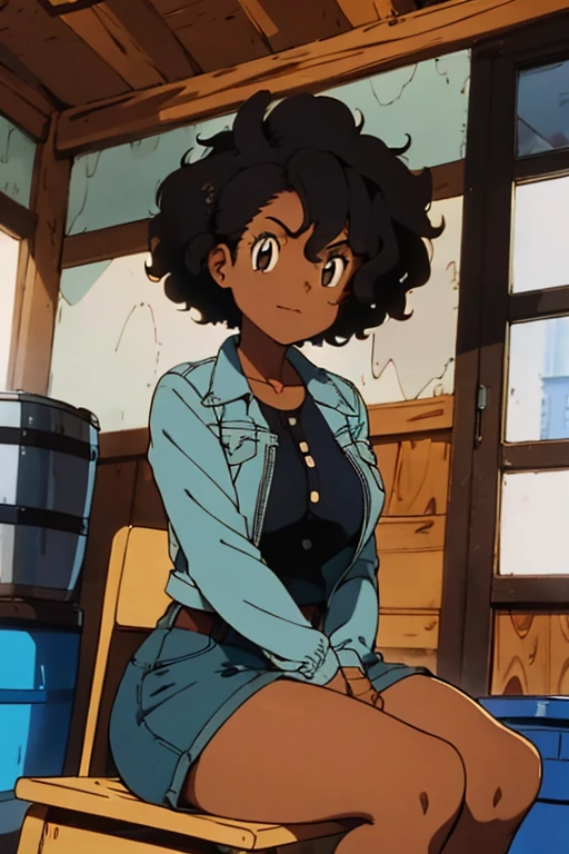 1 female, afro hair, black afro hair black girl afro hair, darker skin, brown skin, huge breast, thick legs, light blue eyes, cowgirl clothes, short short, cowgirl bra, brown jacket, black boots, farm house, sitting down, in the chair, thick ass, happy face