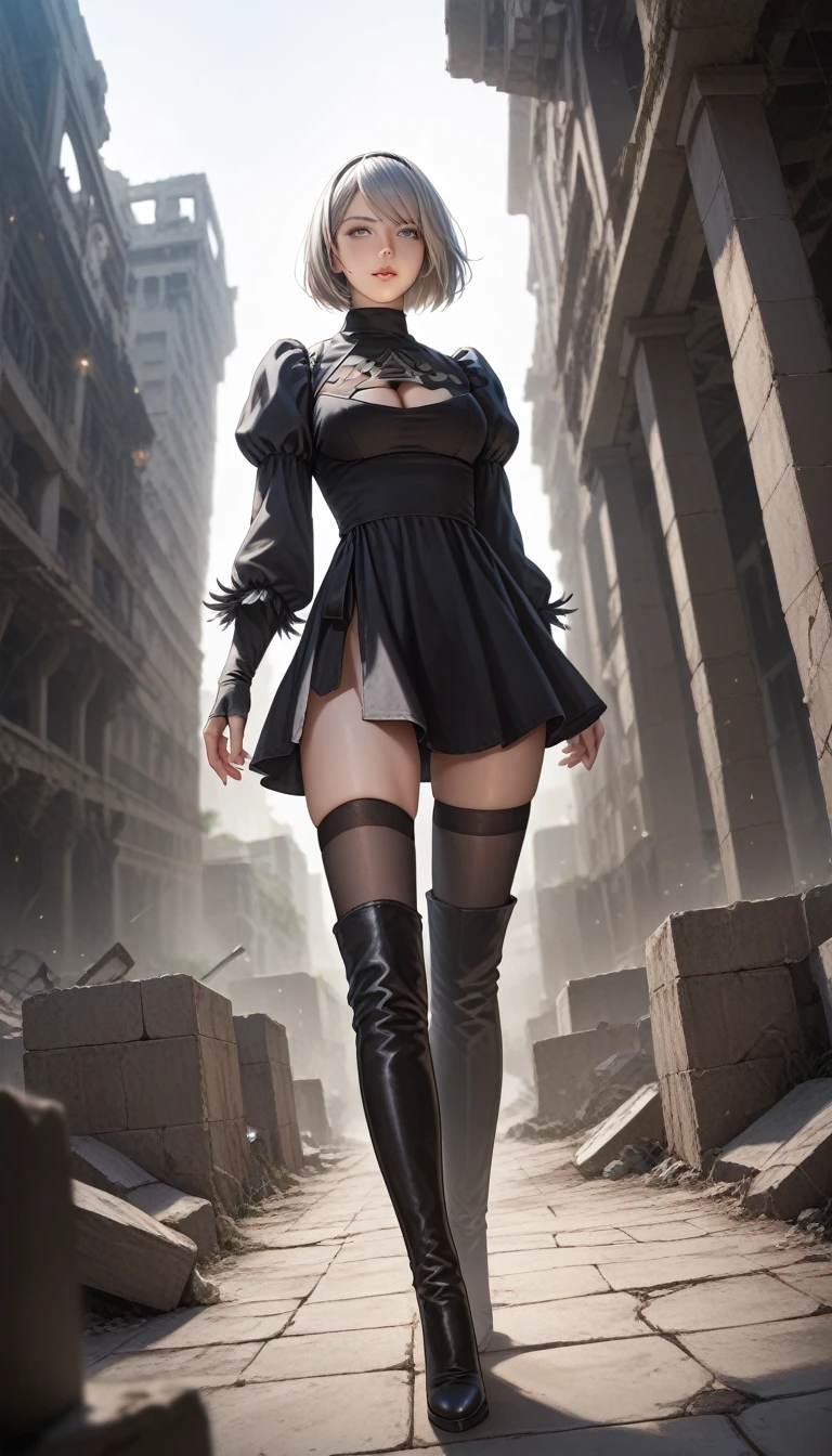 score_9, score_8_up, score_7_up, 32k,masterpiece, highest quality, 
photo realistic, vibrant colors, chiaroscuro lighting, cinematic lighting,
1 woman, inspired nier automata 2B,
bob cut, gray hair, bangs, mole under mouth, 
black 2B dress, cleavage cutout, skirt, thighhighs under boots,
ruins, a ruined world, devastated cities, 
picturesque, beautiful scenery, fantastic night sky,
seductive pose, dramatic angle,