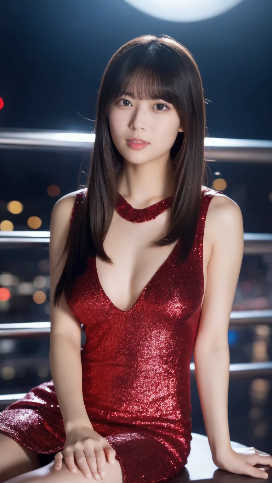 1girl,(wearing a red glittery evening mini dress:1.2),(RAW photo, best quality), (realistic, photo-realistic:1.4), masterpiece, an extremely delicate and beautiful, extremely detailed, 2k wallpaper, Amazing, finely detail, extremely detailed CG unity 8k wallpaper, ultra-detailed, highres, soft light, beautiful detailed girl, extremely detailed eyes and face, beautiful detailed nose, beautiful detailed eyes,cinematic lighting,city lights at night,slender body,(long hair with bangs), big breast:1.5, full body:1.4, sitting.