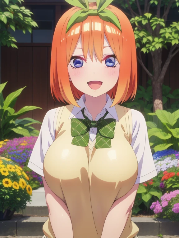 nakano yotsuba, bangs, short hair, blue eyes, hair between eyes, hair ribbon, hairband, orange hair, (green ribbon:1.5), ,, large breasts,, Riding a bike through the sky, solo , early morning、 nipple,