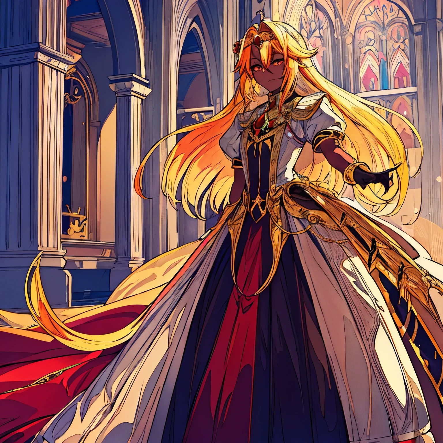 High resolution, 4k ultra sharp, 1 male, yellow hair, red eyes, dark skin, princess dress, circlet