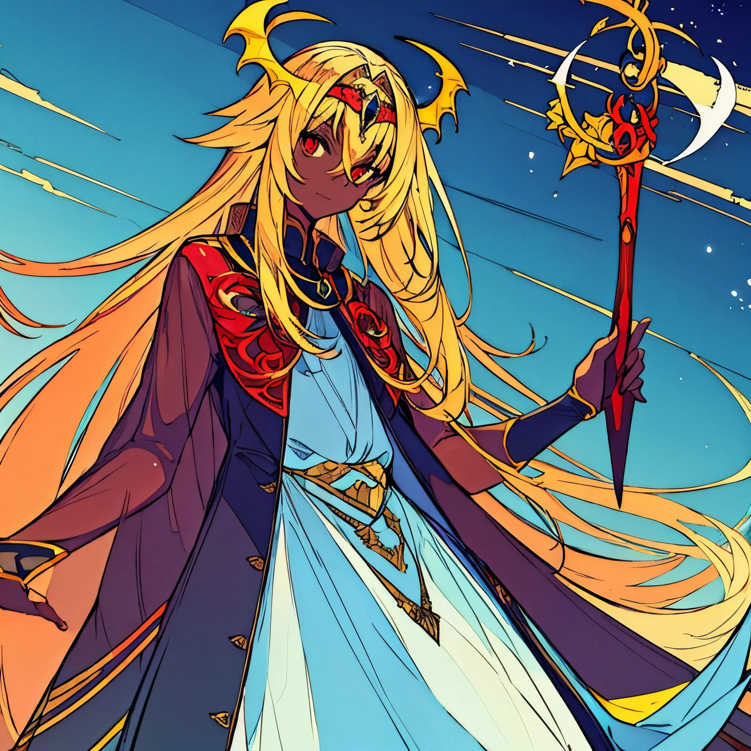High resolution, 4k ultra sharp, 1 male, yellow hair, red eyes, dark skin, princess dress, circlet