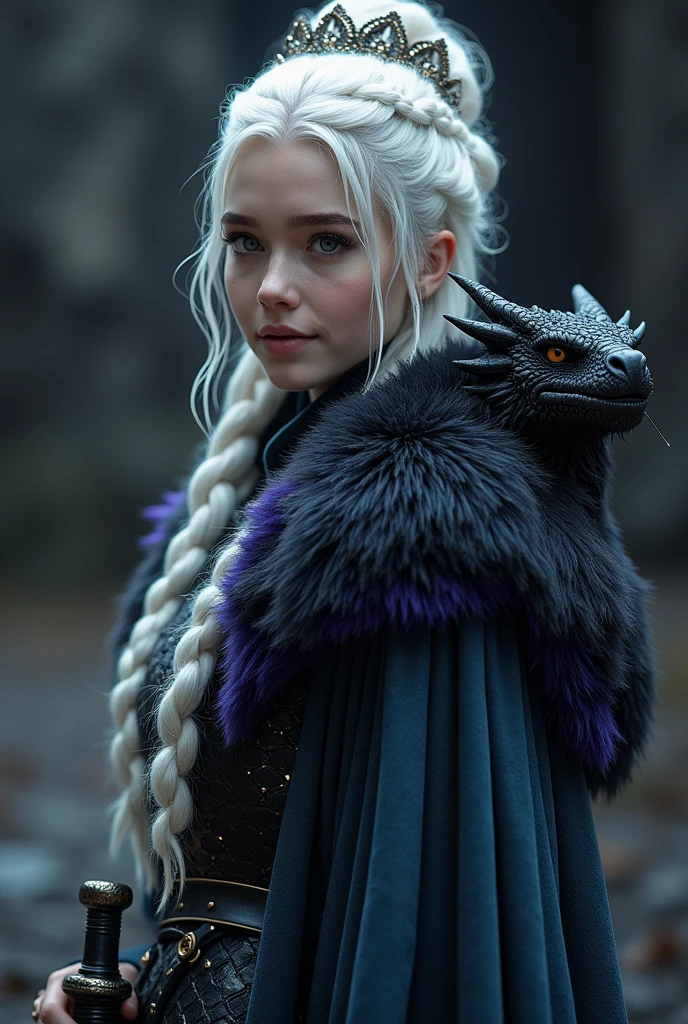 Young Dragon Girl, Tall stature, Toned physique, in full height. Long white hair braided, asymmetrical bangs. gray eyes. Black clothes with scaly patterns. Silver Horns on the head, Long Silver Dragon Tail. Silvery scales on the face. A silver fire burns around