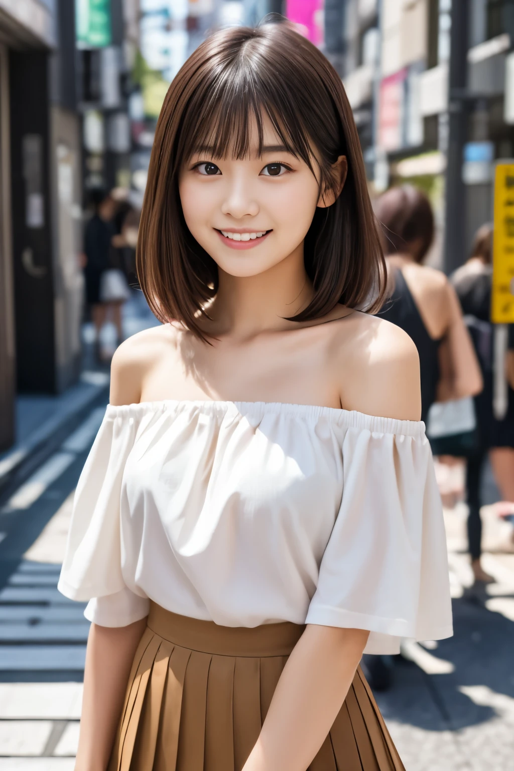 (masterpiece, Best Quality:1.2), One girl, Alone, 20 years old, Japanese women, Super cute idol-like face, Beautiful model-like figure, (white off-shoulder blouse, Pink Pleated Skirt:1.2), Dark brown hair, Slightly longer bob hair, With bangs, smile, The background is the Shibuya district of Tokyo.,