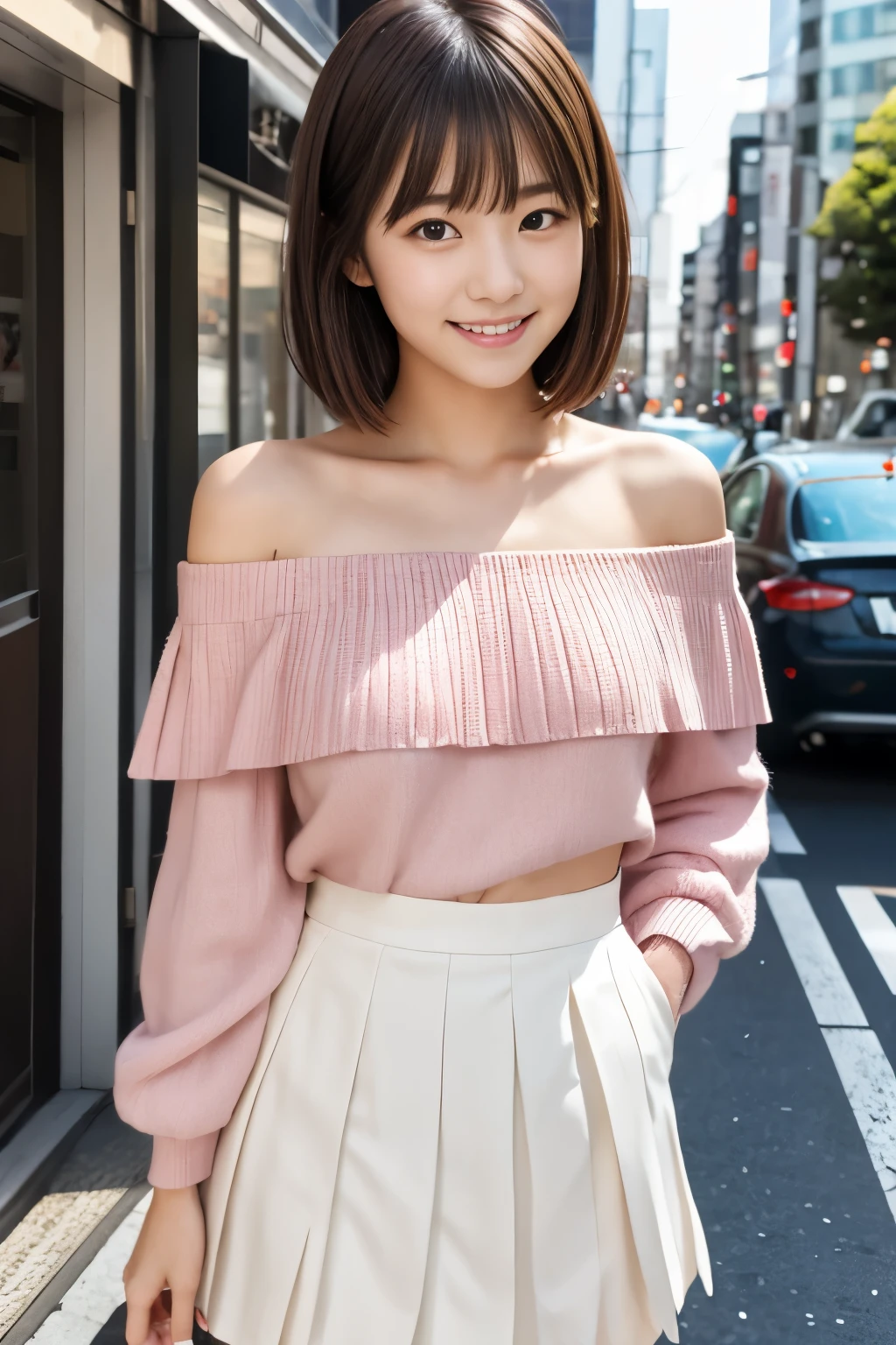 (masterpiece, Best Quality:1.2), One girl, Alone, 20 years old, Japanese women, Super cute idol-like face, Beautiful model-like figure, (white off-shoulder blouse, Pink Pleated Skirt:1.2), Dark brown hair, Slightly longer bob hair, With bangs, smile, The background is the Shibuya district of Tokyo.,