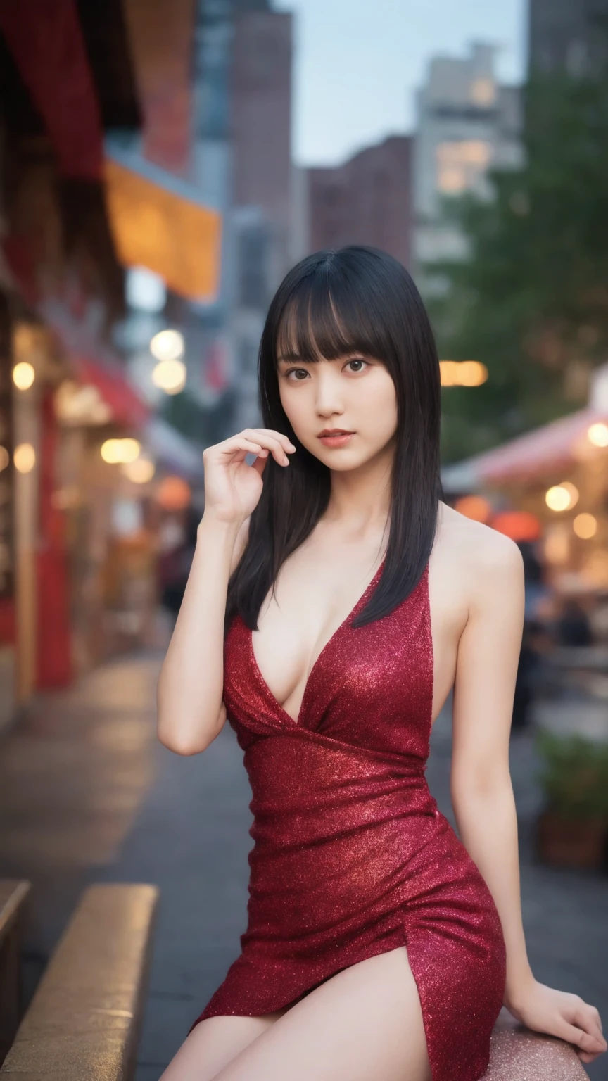 1girl,(wearing a red glittery evening mini dress:1.2),(RAW photo, best quality), (realistic, photo-realistic:1.4), masterpiece, an extremely delicate and beautiful, extremely detailed, 2k wallpaper, Amazing, finely detail, extremely detailed CG unity 8k wallpaper, ultra-detailed, highres, soft light, beautiful detailed girl, extremely detailed eyes and face, beautiful detailed nose, beautiful detailed eyes,cinematic lighting,city lights at night,slender body,(long hair with bangs), big breast:1.5, full body:1.4, sitting.