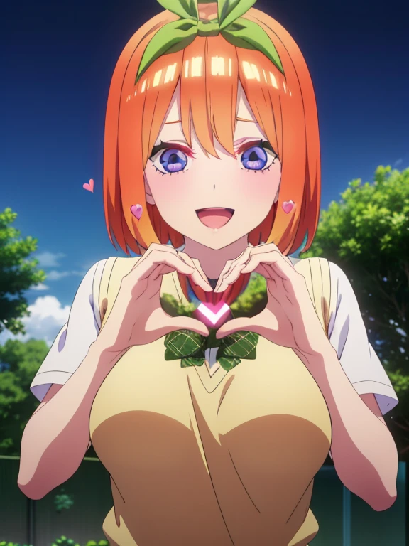 (masutepiece, Best Quality, hight resolution, nffsw, Perfect Pixel, depth of fields, 4K), Beautiful anime girl, Perfect body, (large boob:1.2),  yotsuba nakano, sweater vest, white shirt, bowtie, short sleeves, looking at viewer, smile, :D , flower garden, many flower ,, (heart hands:1.4),