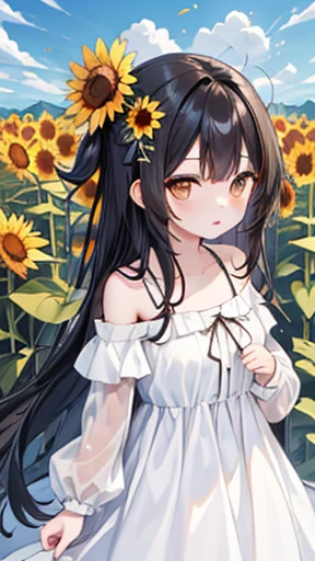 1 girl, Alone,  Brown eyes, Black Hair, Long Hair,Half up、 (White Dress:1.4),Sunflower field, Sunflower fieldの前に立つ、blue sky、とても大きなchest、Expose&#39;chest、chestをさらけ出して、Place the chest on top of the tray、The nipples are transparent、Red cheeks、Embarrassing、Scary face、I&#39;m in trouble、Confused face、Excessive milk coming out of the nipples、Breast milk spurting from nipples、Very short skirt、Micro Mini Skirt、Female Form&#39;The private parts of are clearly visible、