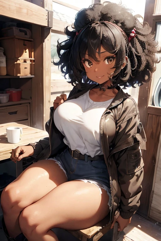 1 female, afro hair, black afro hair black girl afro hair, darker skin, brown skin, huge breast, thick legs, light blue eyes, cowgirl clothes, short short, cowgirl bra, brown jacket, black boots, farm house, sitting down, in the chair, thick ass, ass, grabbing own ass, happy face