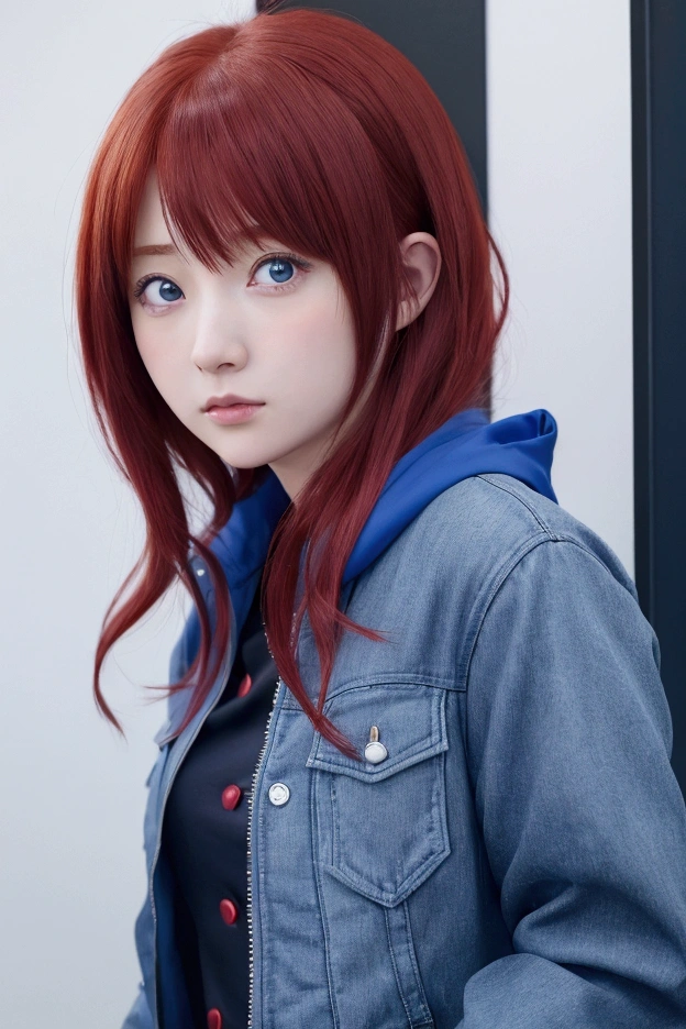 anime girl with red hair and blue eyes wearing a blue jacket, anime visual of a cute girl, anime girl named lucy, sayori, anime best girl, anime moe artstyle, close up iwakura lain, (anime girl), iwakura lain, tsukasa dokite, anime visual of a young woman, anime portrait of shiina ringo