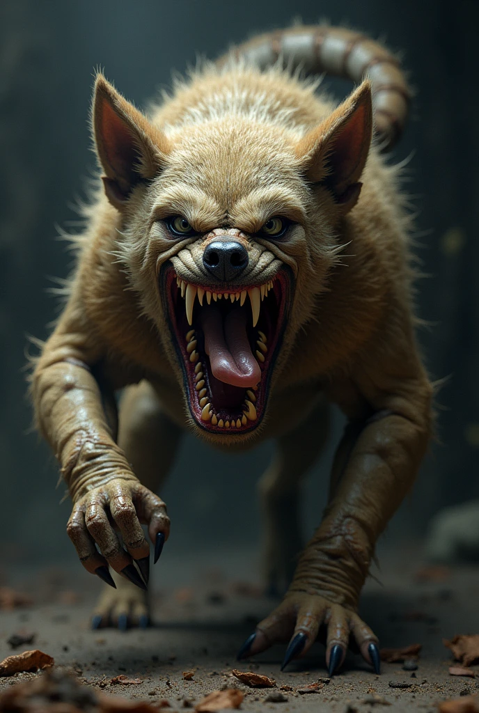 A huge evil wide grinning hyena exposing a set of sharp yellow teeth sitting at a living room table playing cards, background shadows, nightmare