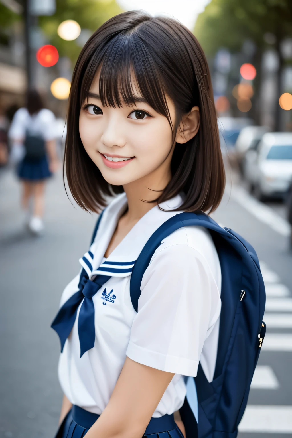 (masterpiece, Best Quality:1.2), One girl, Alone, 1, Japanese women, Super cute idol-like face, Beautiful model-like figure, Large eyes with double eyelids, (White shirt, Sailor school uniform, Navy blue pleated skirt:1.2), Dark brown hair, Slightly longer bob hair, With bangs, Carry a school backpack, smile, The background is the Shibuya district of Tokyo.,