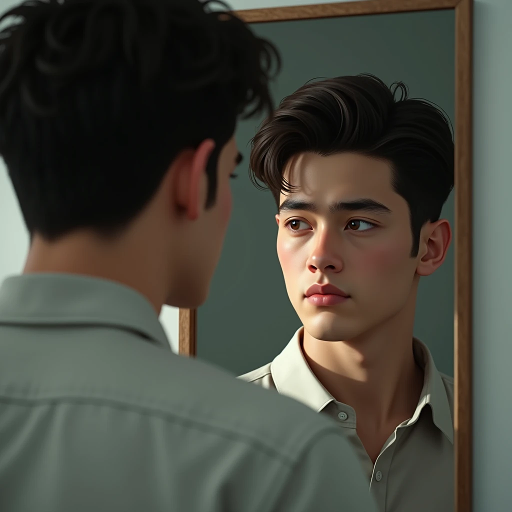 A young man looking at himself in the mirror sadly 