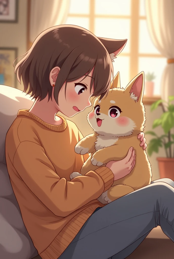 1 and a half year old puppy, fur: The puppy has a short, two-colored coat.: mainly white with brown spots, especially on the head and legs. eyes: Sus ojos son de Size mediano, dark and round. ears: He has big, pointed ears., body: Parece ser un perro de Size mediano, with a slender body and thin legs. cola: Its tail is long and thin., y el otro tenía 2 meses de vida de fur: Color: Predominantly white with brown markings. The brown spots are concentrated mainly on the head., including the ears and the top of the snout. There are also brown spots on the back and base of the tail.. texture: The coat appears to be short and smooth.. eyes: Color: Eyes possibly dark brown. form: Tienen una forma almendrada y parecen ser de Size pequeño. ears: Size: Las orejas son de Size mediano y tienen una forma triangular. Size: un perro de Size pequeño a mediano.
form: His body is slim and proportionate, with a moderately broad chest. paws: The legs are thin. cola: The tail is of medium length and tapers towards the tip., together with me, 21 year old woman, light brunette, small hair, that it is style like anime