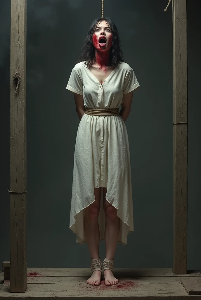 da frente de uma casa abandonada clima cinzento uma imagem de horror sinistro de uma mulher em um vestido longo branco claro na noite dos olhos tristes, Possessed macabre. Olhar sinistro e sangrento, olhos sangrento horror.