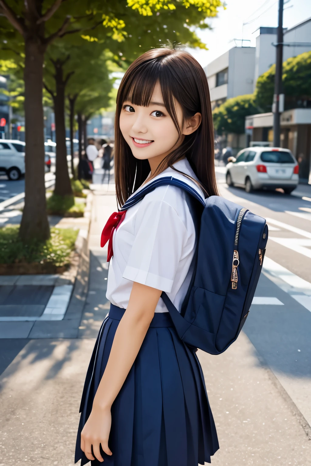(masterpiece, Best Quality:1.2), One girl, Alone, 1, Japanese women, Super cute idol-like face, Beautiful model-like figure, Large eyes with double eyelids, (White shirt, Sailor school uniform, Navy blue pleated skirt:1.2), Dark brown hair, Medium straight hair, With bangs, Carry a school backpack, smile, The background is the Shibuya district of Tokyo.,
