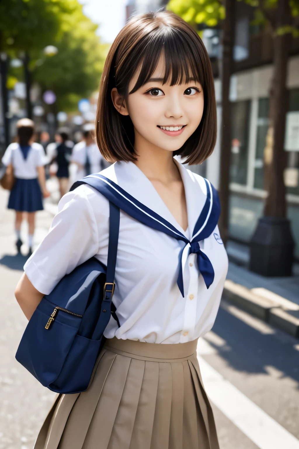 (masterpiece, Best Quality:1.2), One girl, Alone, 1, Japanese women, Super cute idol-like face, Beautiful model-like figure, Large eyes with double eyelids, (White shirt, Sailor school uniform, Navy blue pleated skirt:1.2), Dark brown hair, Slightly longer bob hair, With bangs, Carry a school backpack, smile, The background is the Shibuya district of Tokyo.,