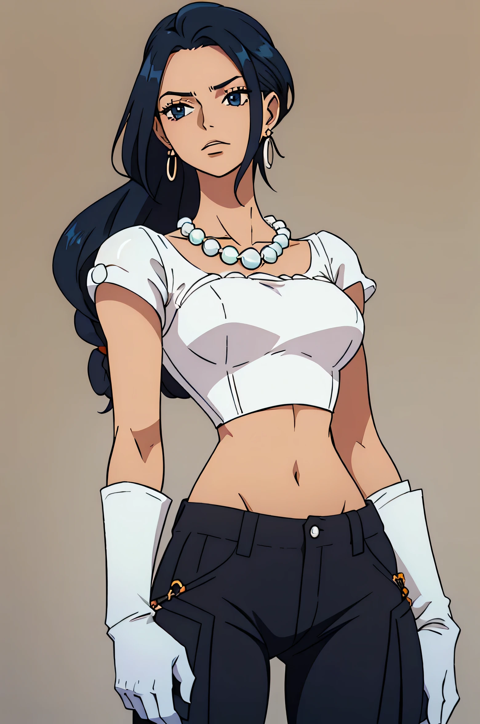A delicate and refined young woman with long, intricately braided dark blue hair, styled elegantly. She wears pearl earrings, a short pearl necklace, and a pair of elegant white gloves that add a touch of sophistication to her appearance. Her delicate white corset top reveals her midriff, emphasizing her feminine grace. In contrast, she wears wide-leg orange cargo pants and black boots that peek out from beneath the pants. The contrast between her elegant upper body, complete with white gloves, and her rugged, utilitarian lower half creates a unique and striking look. The image is well-lit and safe for work.