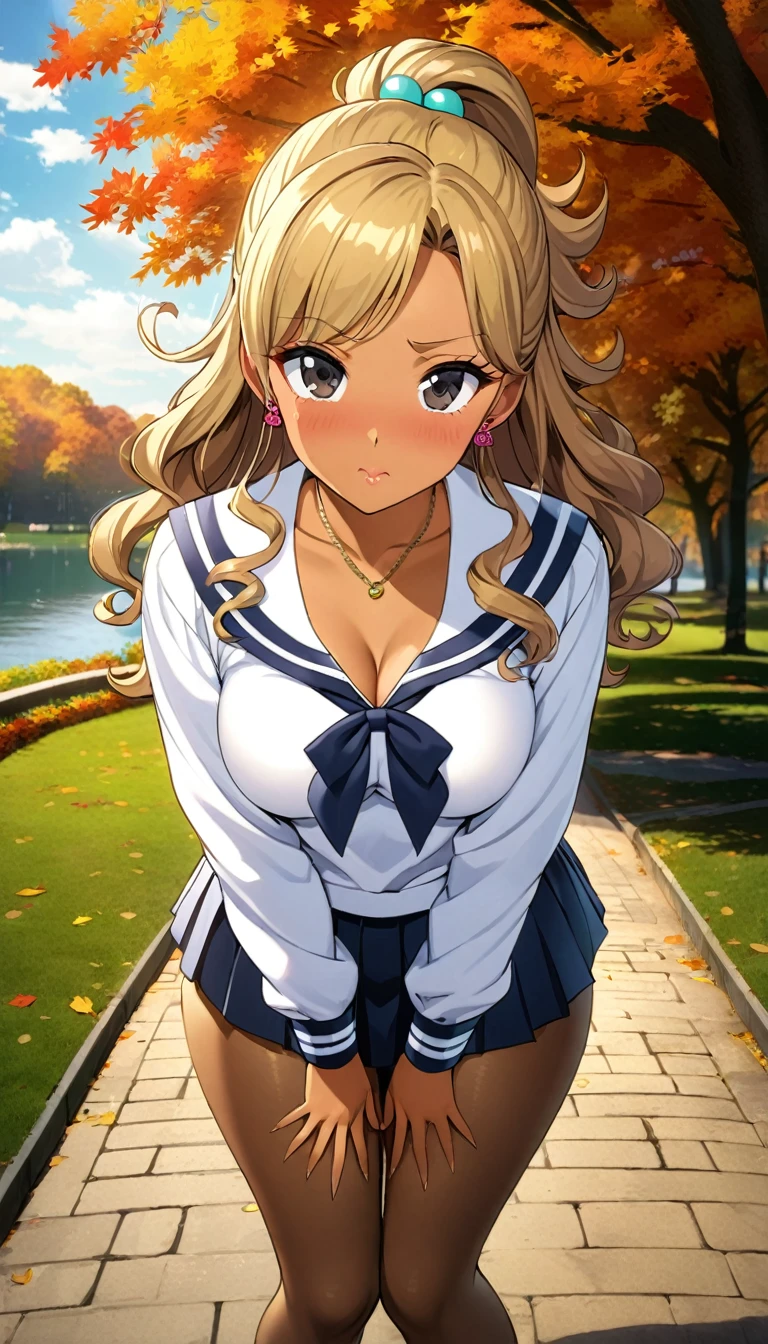 tan skin, Gyaru, aajupiter,middle hair, blonde hair,curly hair,off shoulder,hands covering breasts,leaning forward,from front,pantyhose,middle breasts,upper body,standing,cleavage,looking at viewer,embarrassed,confused,autumn park,beautiful lake,cute eyes,closed mouth,kissable lips,milf woman,30yo,ecstasy,extremely beautiful face,wide hips,black eyes,serafuku,pleated skirt,necklace,earrings,white shirt,pumps,gyaru,(curvy),8K RAW,professional lighting,extremely beautiful legs and body,super fine illustration,best quality,8K,HDR,warm lighting,