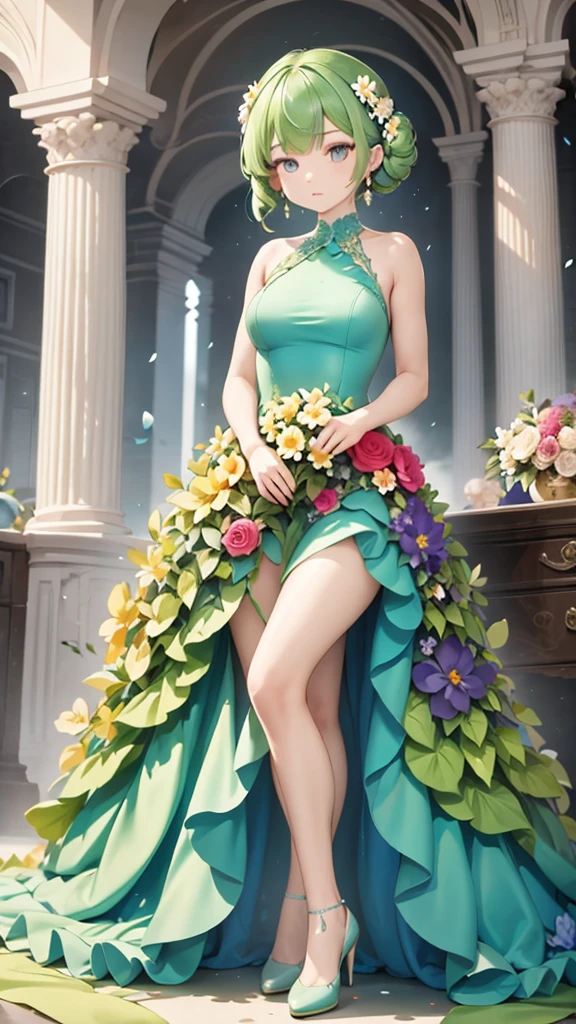 1girl, Solo, long dress,  flower dress, lace, bowes, ribbons, high heels, neckless, earrings, blushing, masterpiece