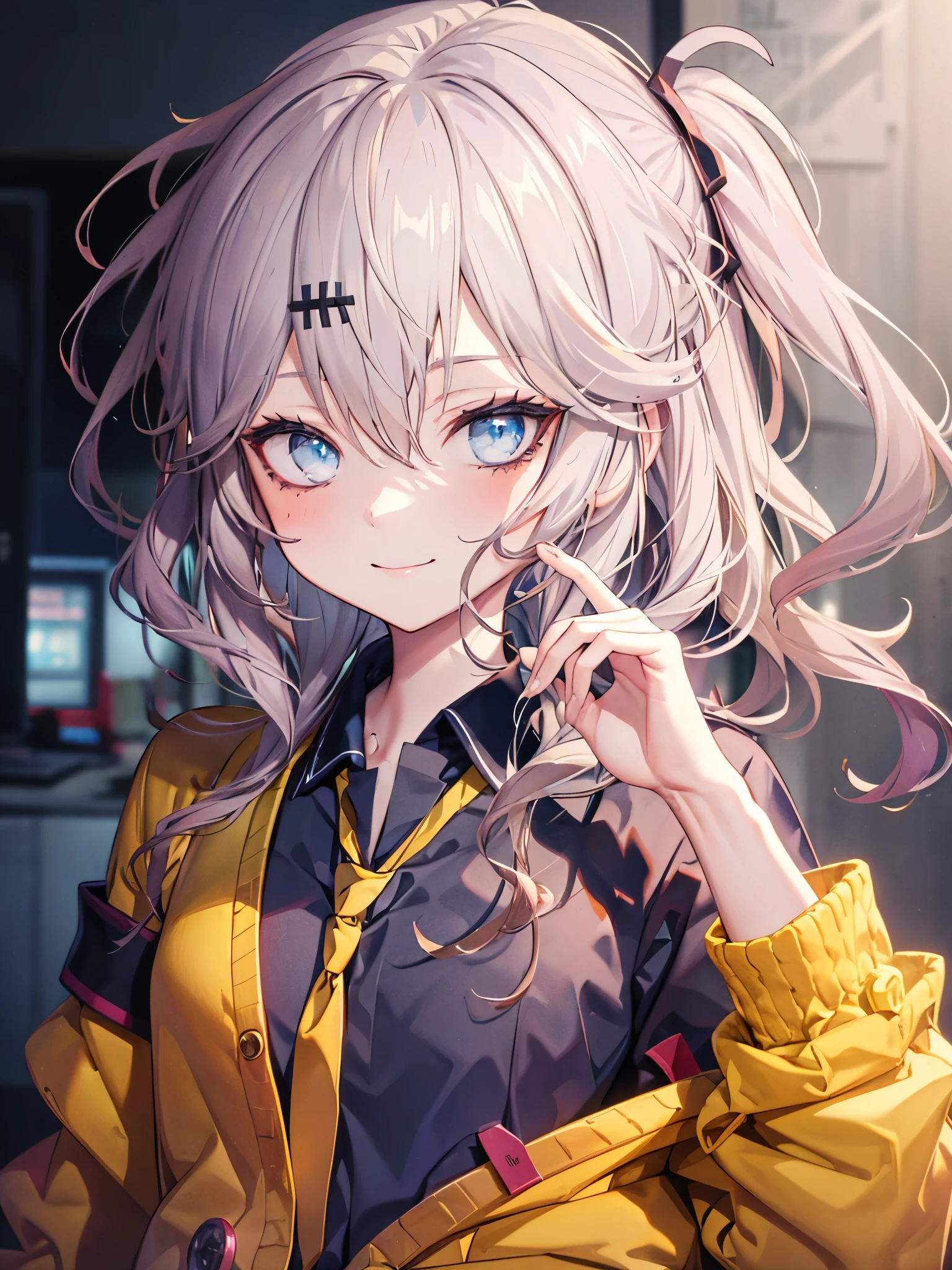 masterpiece, Best Quality, Perfect Face, Highest Resolution, Best Quality,Detailed depiction of the eyes, 8k, kasukabe tsumugi, One Girl, Black shirt, Yellow tie, Yellow cardigan, smile