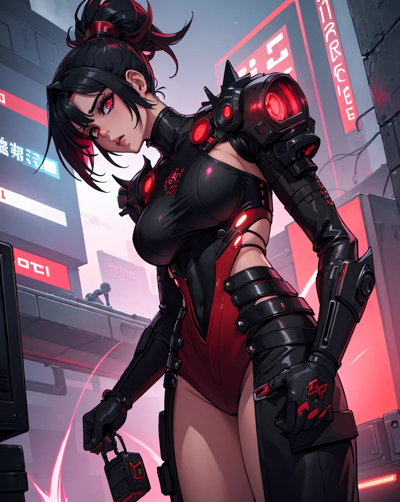 best quality,4k,8k, highres, masterpiece:1.2), extremely detailed eyes, extremely detailed body, (large masterpiece digital art), (detailed manga illustration), (detailed line art), ((perfect anatomy)), (intricate details:1.3), (ultra-detailed:1.3), (illustration:1.3), (sharp focus:1.3), (natural lighting:1.05), (vivid colors:1.3), (masterpiece), (best quality:1.4), (perfect anatomy:1.4), high quality, expressive eyes, full body, tall girl, detailed face, beautiful face, perfect face, breasts, cleavage, gloves, huge breasts, cyberpunk, (black armor), short hair, ((pale skin)), messy hair, detailed (dark blue hair), honeydew hair, multicolored hair, detailed eyes, (amber eyes), hourglass physique, mecha musume, fortified suit, mechanical parts, headgear, robot joints, bodysuit, deva battle suit, gloves, thick thighs, toned, emblem, superhero, dynamic lighting, 4k resolution, dynamic pose, weapon, energy weapon portrait, Jeff Bridges, ((cartoon style)), Marvel Cinematic Universe style, (((sci-fi city in the background))), soft bokeh of futuristic city, Atey Ghailan, Jeremy Mann, Greg Manchess, Antonio Moro, trend in ArtStation, trend in CGSociety, Intricate, High Detail, Sharp focus, dramatic and photorealistic painting art by Midjourney and Greg Rutkowski, bokeh in the background