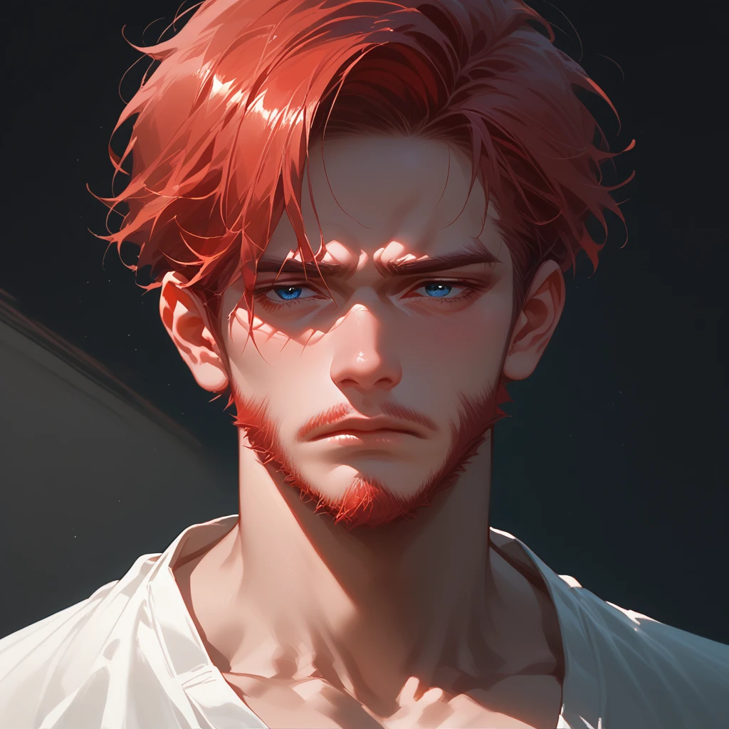 a boy, pretty face, dark blue eyes, tired look, black room, eyes on the beholder, physically strong, anime, hentai, red hair, dark circles, light red beard
