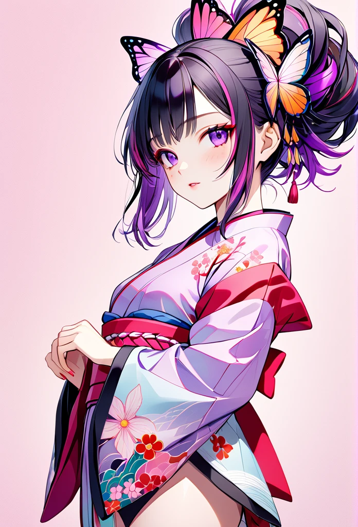 A mesmerizing surreal illustration of a young japanese woman resembling Shinobu Kouchou. She has black hair, purple eyes, a butterfly hair ornament, and wears a vibrant pastel colored outfit adorned with intricate floral patterns. Freckles dot her smooth, warm complexion, and bold, colorful tattoos cover her arms and legs. The tattoos feature traditional Japanese motifs like flowers and mythical creatures, rendered with meticulous detail in a pastel color palette. The background is a vintage floral-patterned wallpaper that complements the artwork's colors. The line work is precise, with delicate shading that gives the illustration a 3D quality. The artwork fuses modern illustration techniques with traditional Japanese aesthetics, resulting in a visually striking, portrait, Shinobu_Kocho, butterfly_hairpiece, multicolored_hair, purple_hair, black_hair, medium breasts, slender, arms behind back, 
