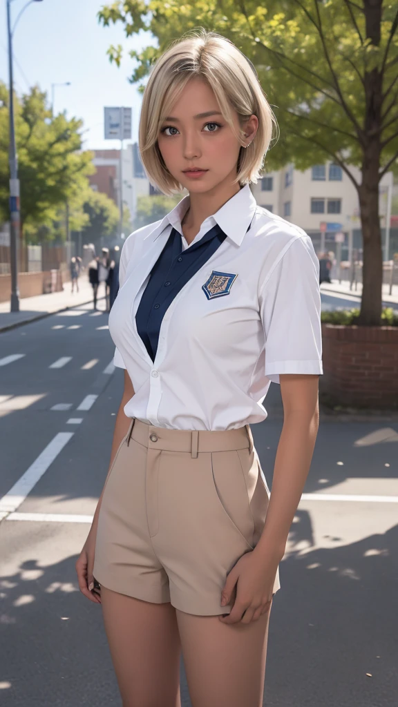 High resolution、masterpiece、Textured skin、high quality、Ultra high definition、Very detailed、woman、Short blonde hair parted in the center、Student Uniform、high school student、Full Body Shot、スポーティなwoman、boyish、Looking at the camera、Large Breasts、Perfect Style、Long legs、