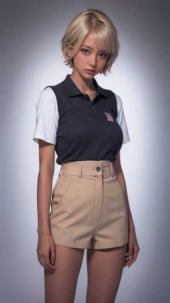 High resolution、masterpiece、Textured skin、high quality、Ultra high definition、Very detailed、woman、Short blonde hair parted in the center、Student Uniform、high school student、Full Body Shot、スポーティなwoman、boyish、Looking at the camera、Large Breasts、Perfect Style、Long legs、