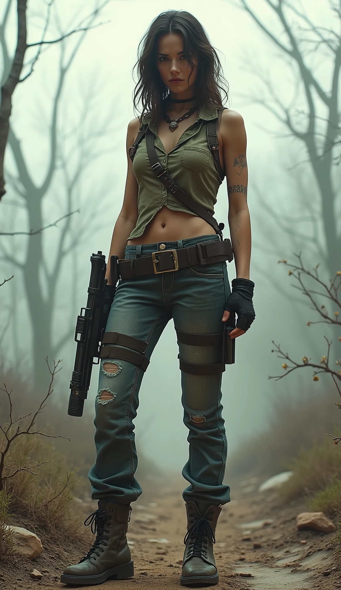 masterpiece, ultra detailled, 8k, very high quality, high details, unbelievable details, amazing skin details, ellie from the last of us, tattoos, full body view, most realistic possible, looks like a real person, knee high high heels, tight ribs, nice hips, thin and flat body, skinny, trying to survive in a wild forest and post apocalyptic world, torn clothes