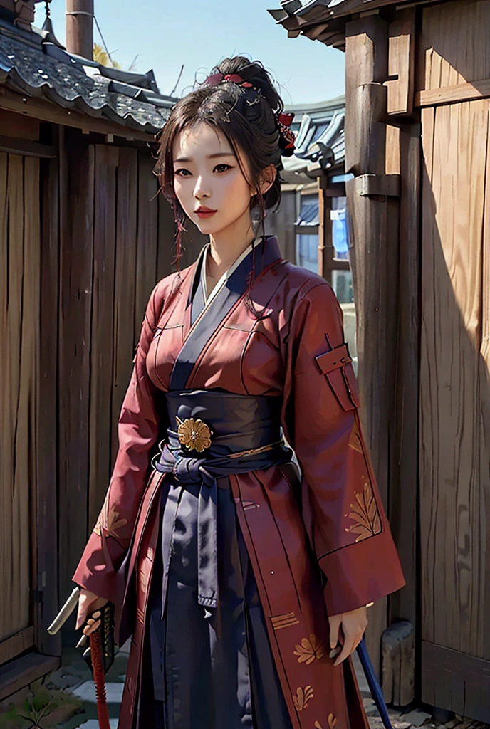 A determined female warrior stands confidently in a traditional Japanese village. She is dressed in a detailed samurai outfit, blending red and dark blue hues with intricate wraps around her waist. Her sharp gaze and poised stance suggest readiness for battle, while her katana rests unsheathed at her side. Autumn leaves drift through the air, casting vibrant reds that mirror her attire, while the wooden buildings of the village frame the scene. The atmosphere is tense, as if she is prepared for an imminent confrontation.ตาสีฟ้า, หน้าม้า, ผมสีดำ, ยิ้ม, อาย, รอยยิ้มบางๆ, 