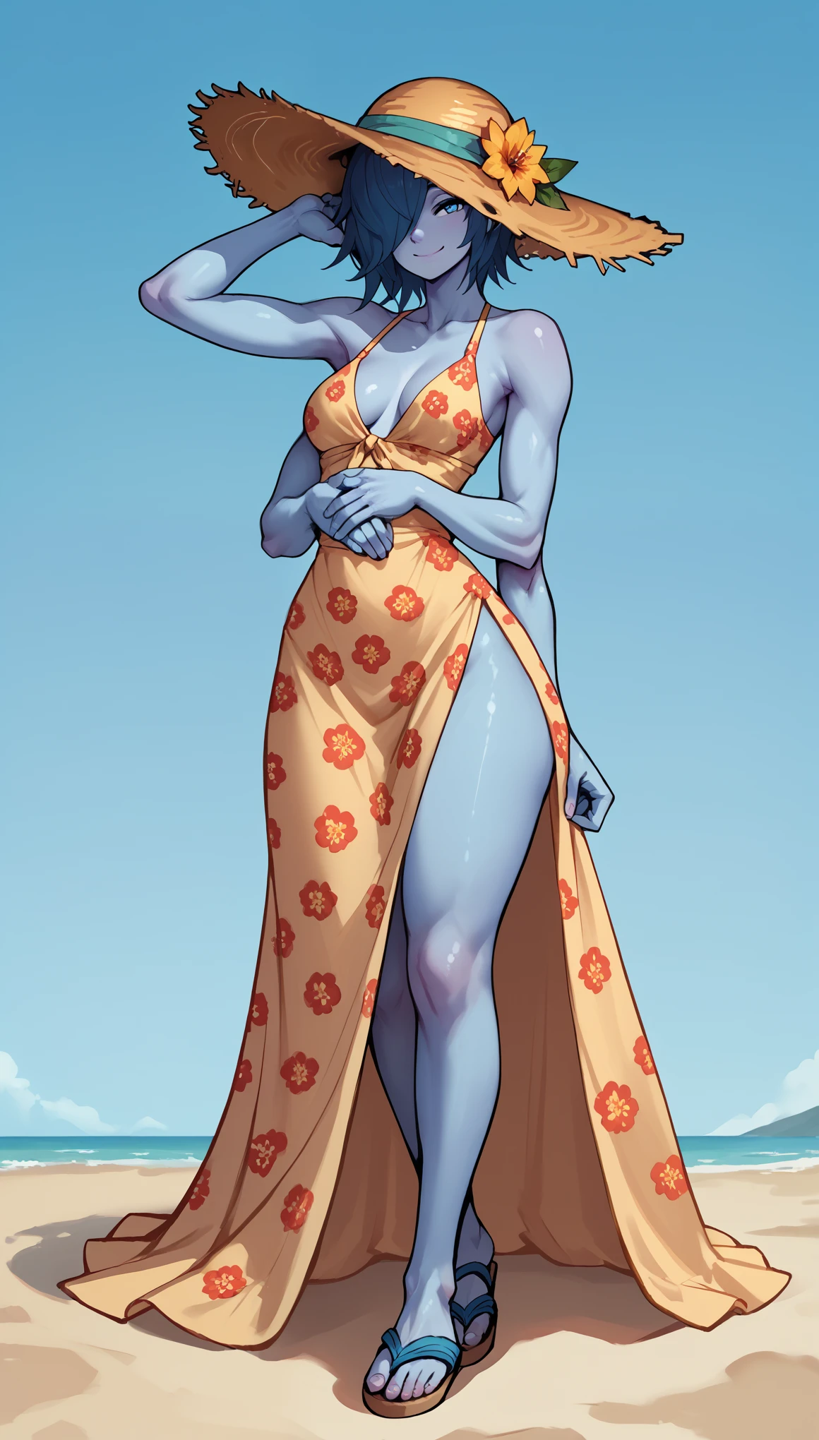 (zPDXL2), (PonyXLV6_Scores), source_anime, Expressiveh, solo, four-quarter portrait, BREAK
1girl, (four arms, extra arms), short spiky hair, blue hair, hair covering one eye, (blue eyes, blue skin, blue hands, blue body), medium breasts, smiling, tiny waist, big ass, thick thighs, skinny, thigh gap, dressed in summer dress, flower pattern, straw hat, sandals, jewelry